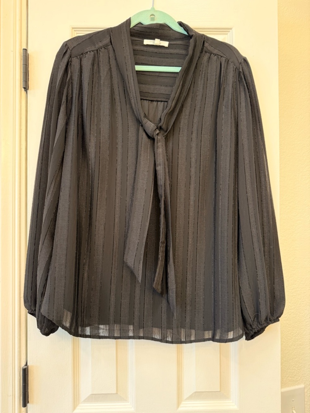 Beacon Apparel Charcoal Tie-Neck Sheer Blouse